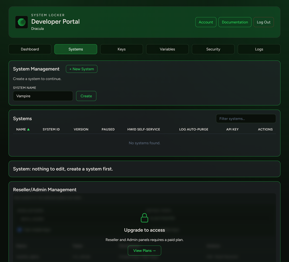 Create a system and authenticate a key in the System Locker developer portal