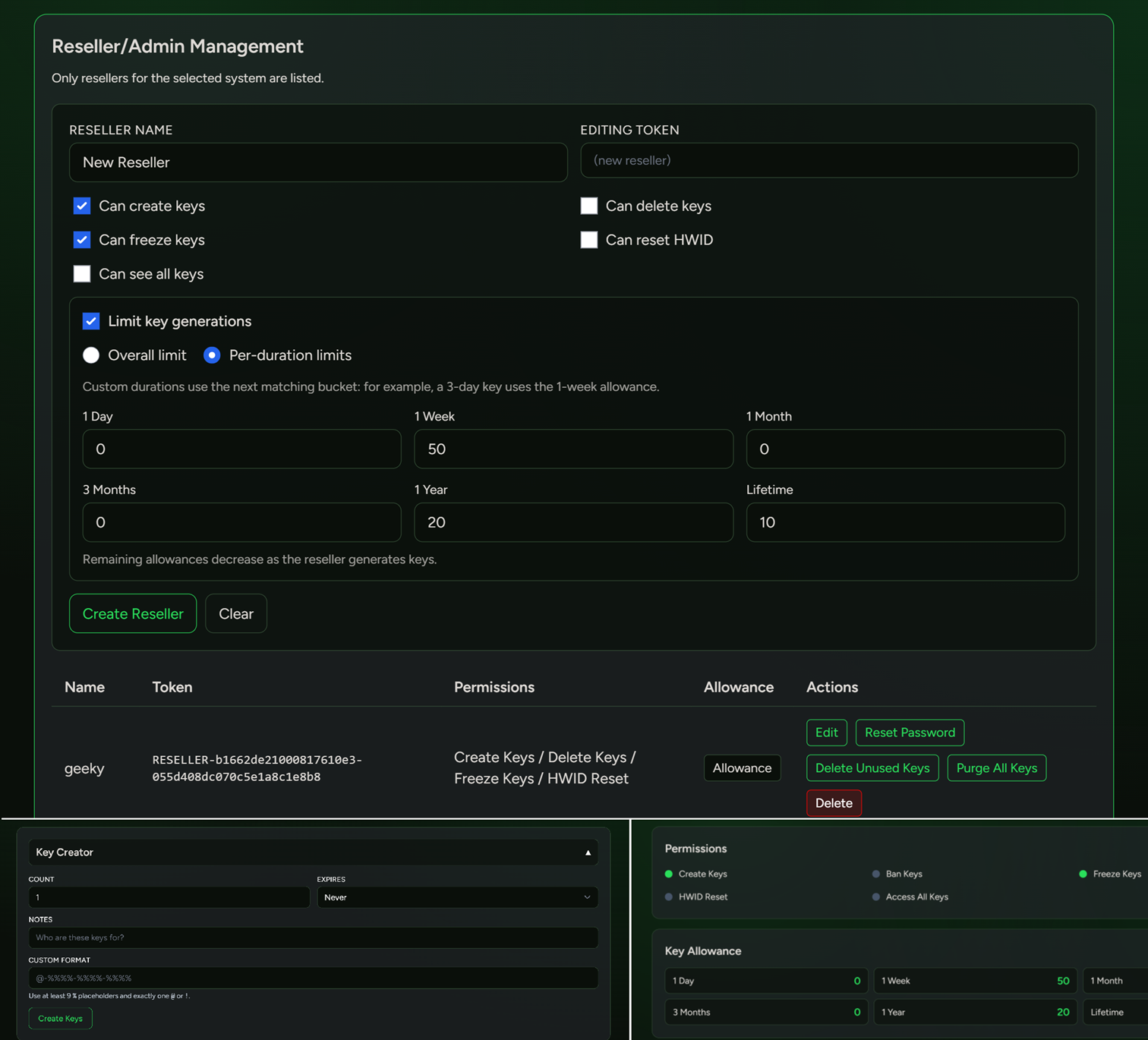 The System Locker reseller portal with scoped permissions and a key allowance